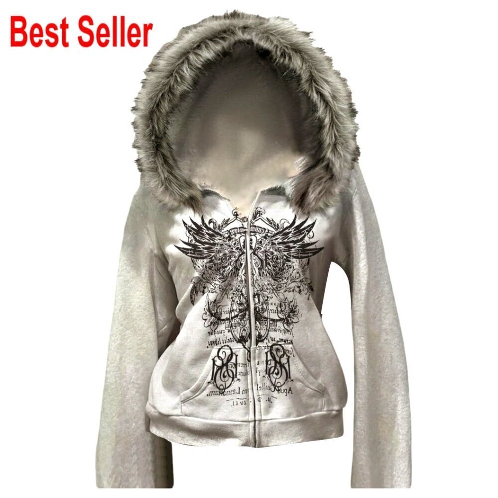 Faux Fur Trim Graphic Zip Hoodie, Long Sleeve Sweatshirt, Y2K Goth Outerwear